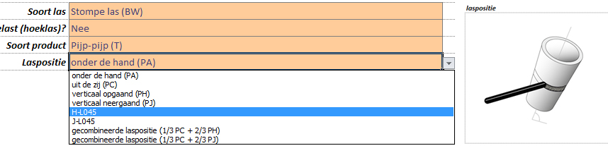 Selecteren van laspositie in de weldingtool voor lassercertificatie