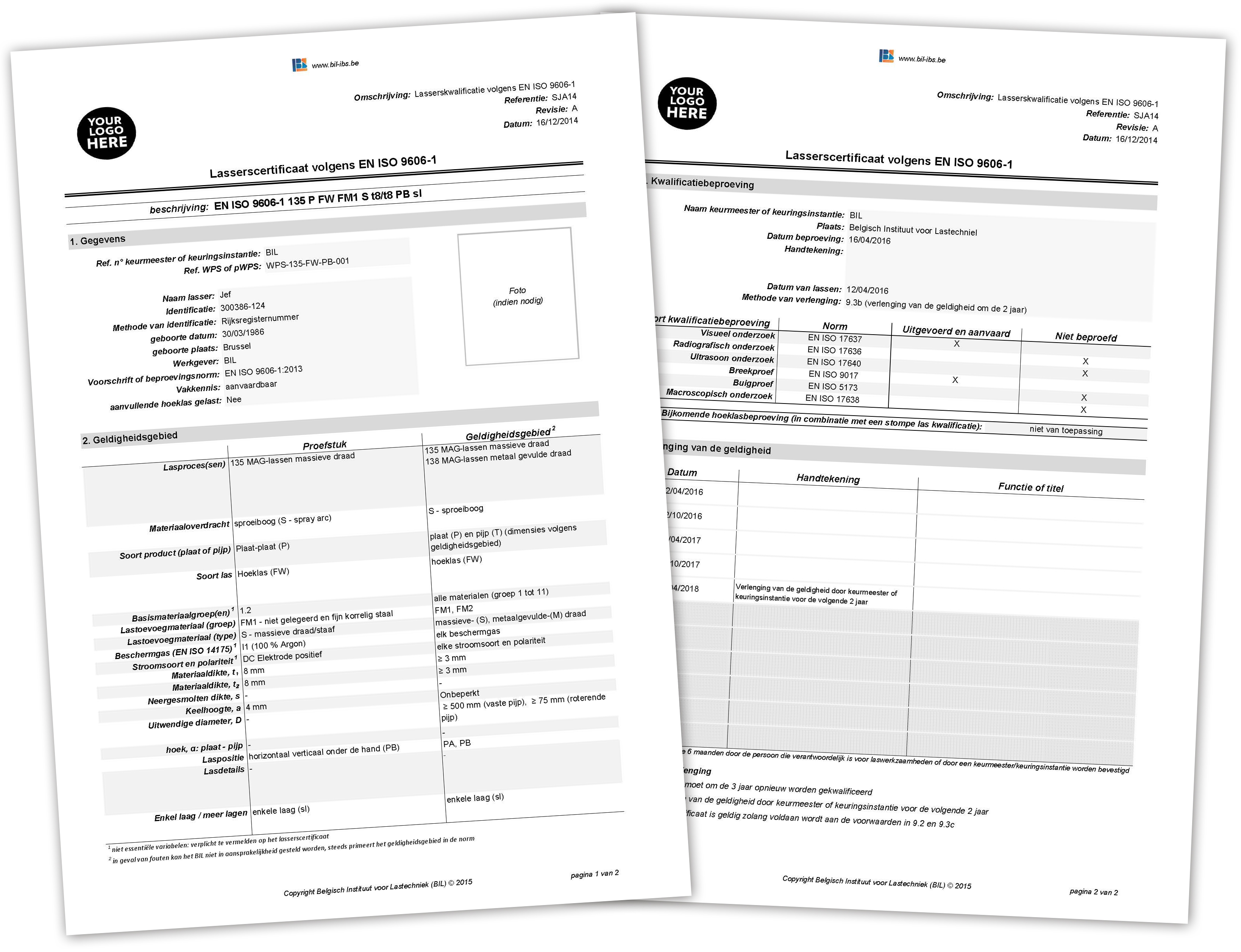 Voorbeeld van een gegenereerd lasser certificaat